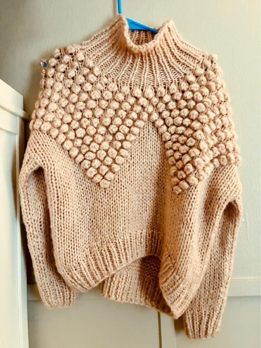 Hand knitted blush pink mock neck bubble sweater sz small oversized